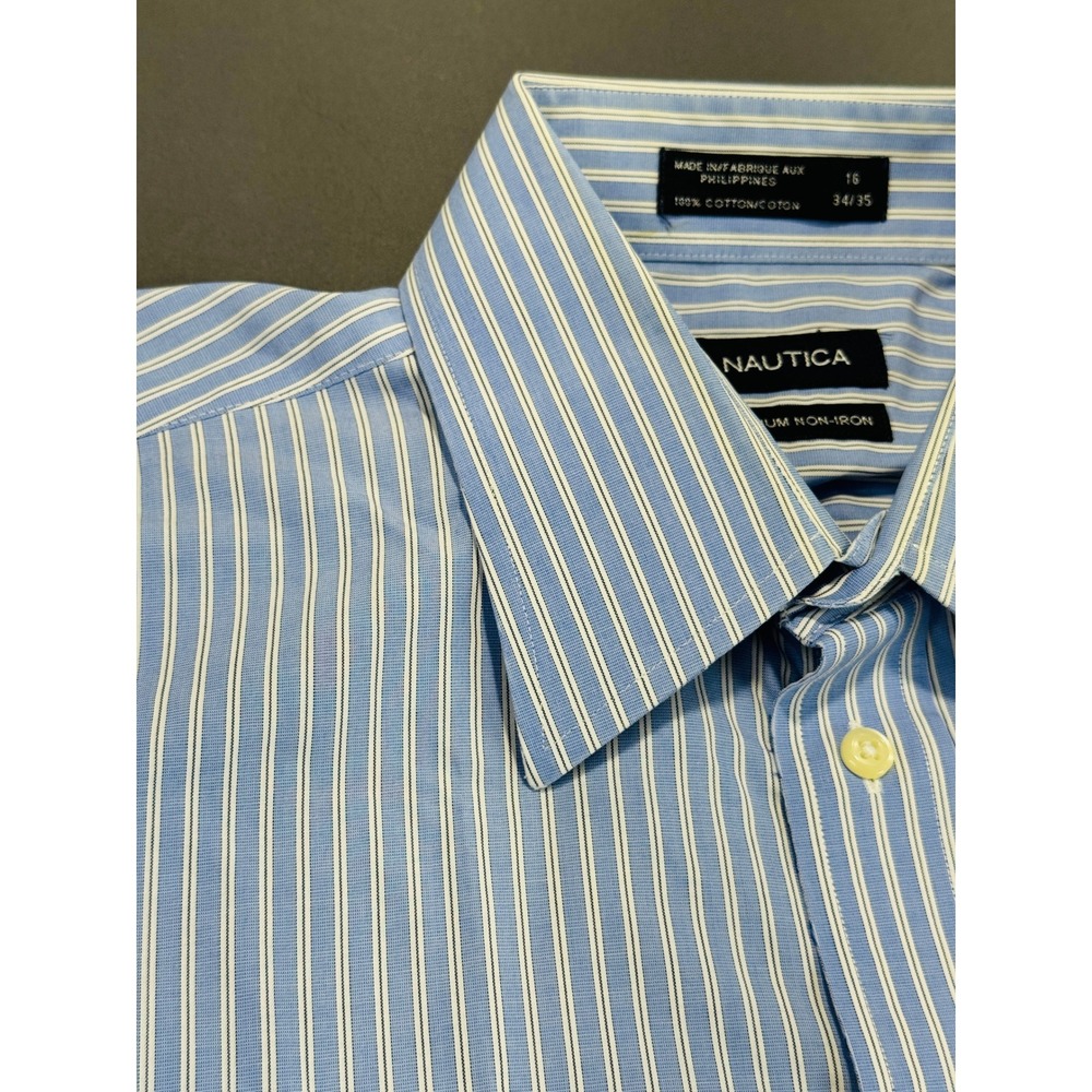 Nautica Premium Non Iron Striped Dress Shirt Men Size 16 34 35 Blue White French - Picture 3 of 16
